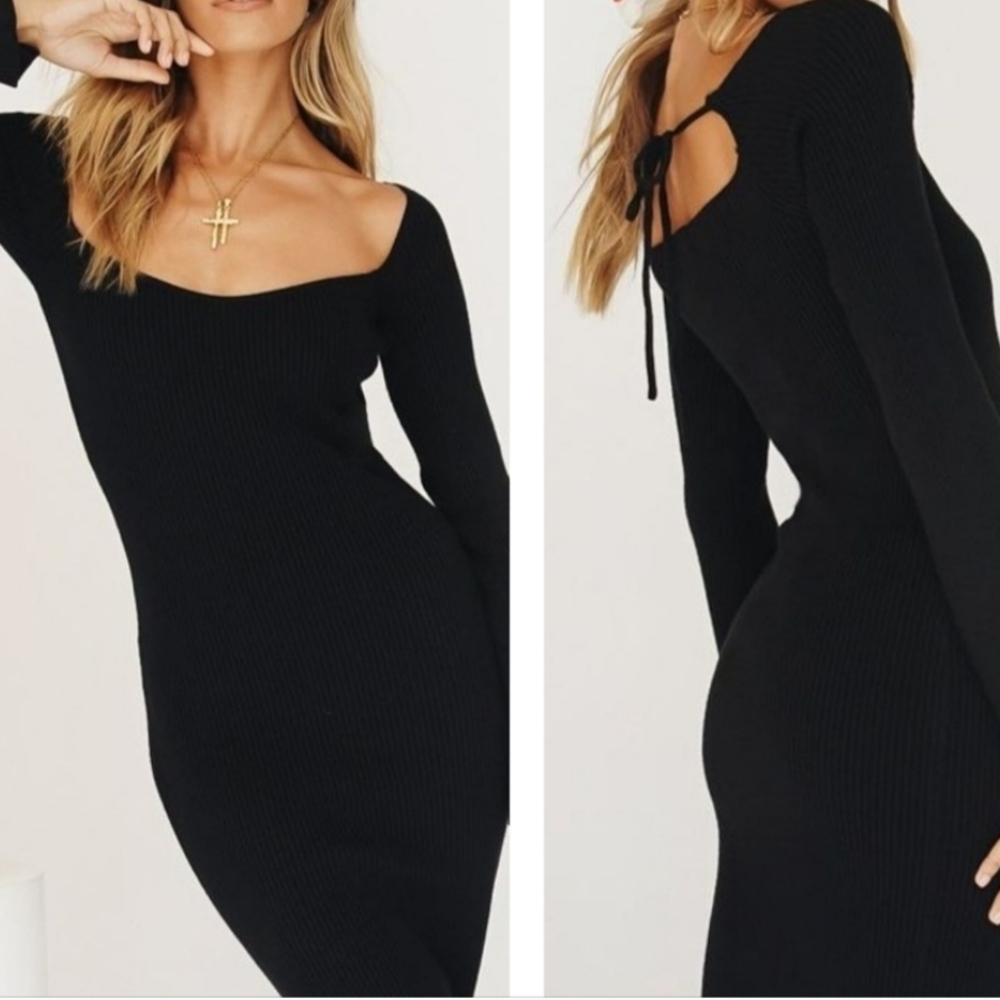 VRG GRL, Chic Black Long Sleeve Ribbed Dress